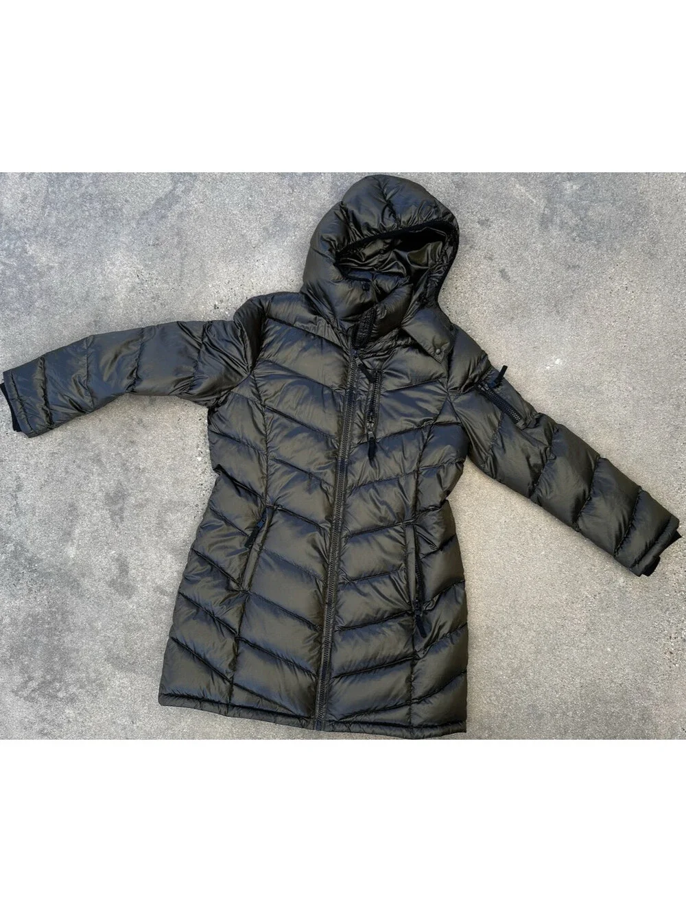 Andrew Marc XL Packable Lightweight Premium 650 Down Hooded Long Coat Metallic